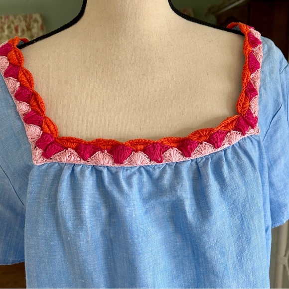 Talbots Blue Linen Top Crochet Trim Pink Coral Short Tie Sleeve Blouse size 2XP - Picture 6 of 16
